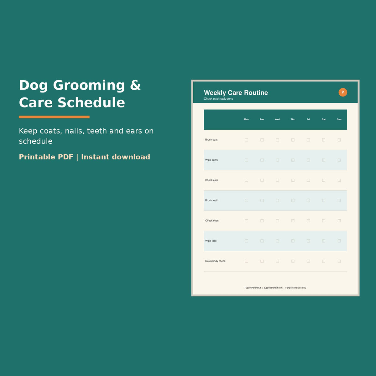 Dog Grooming & Care Schedule printable PDF, image 1