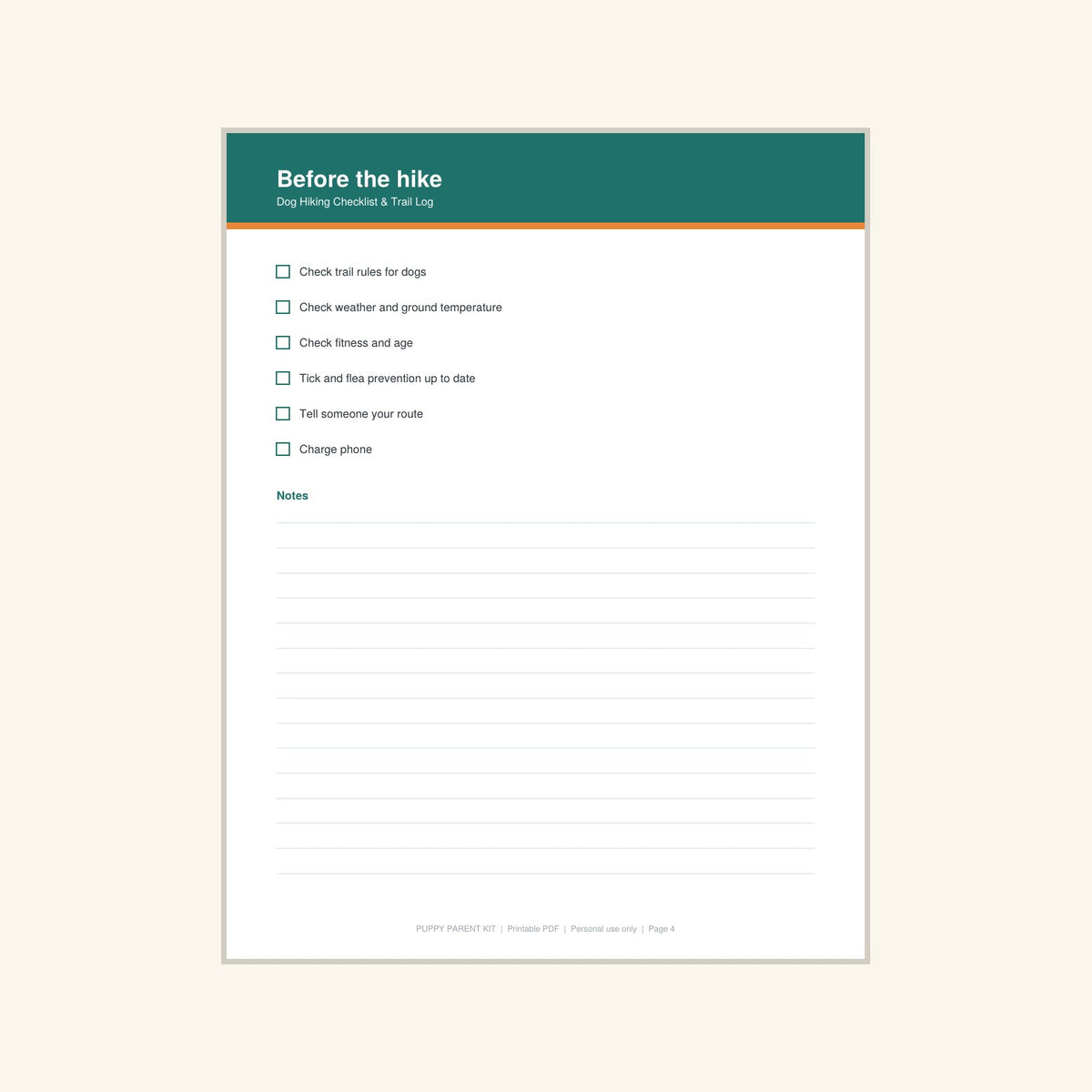 Dog Hiking Checklist & Trail Log printable PDF, image 4