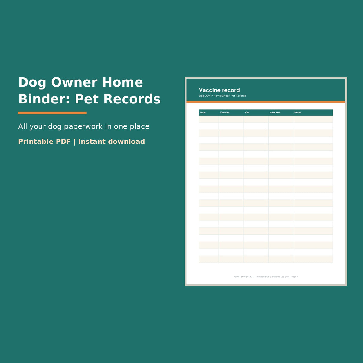 Dog Owner Home Binder: Pet Records printable PDF, image 1