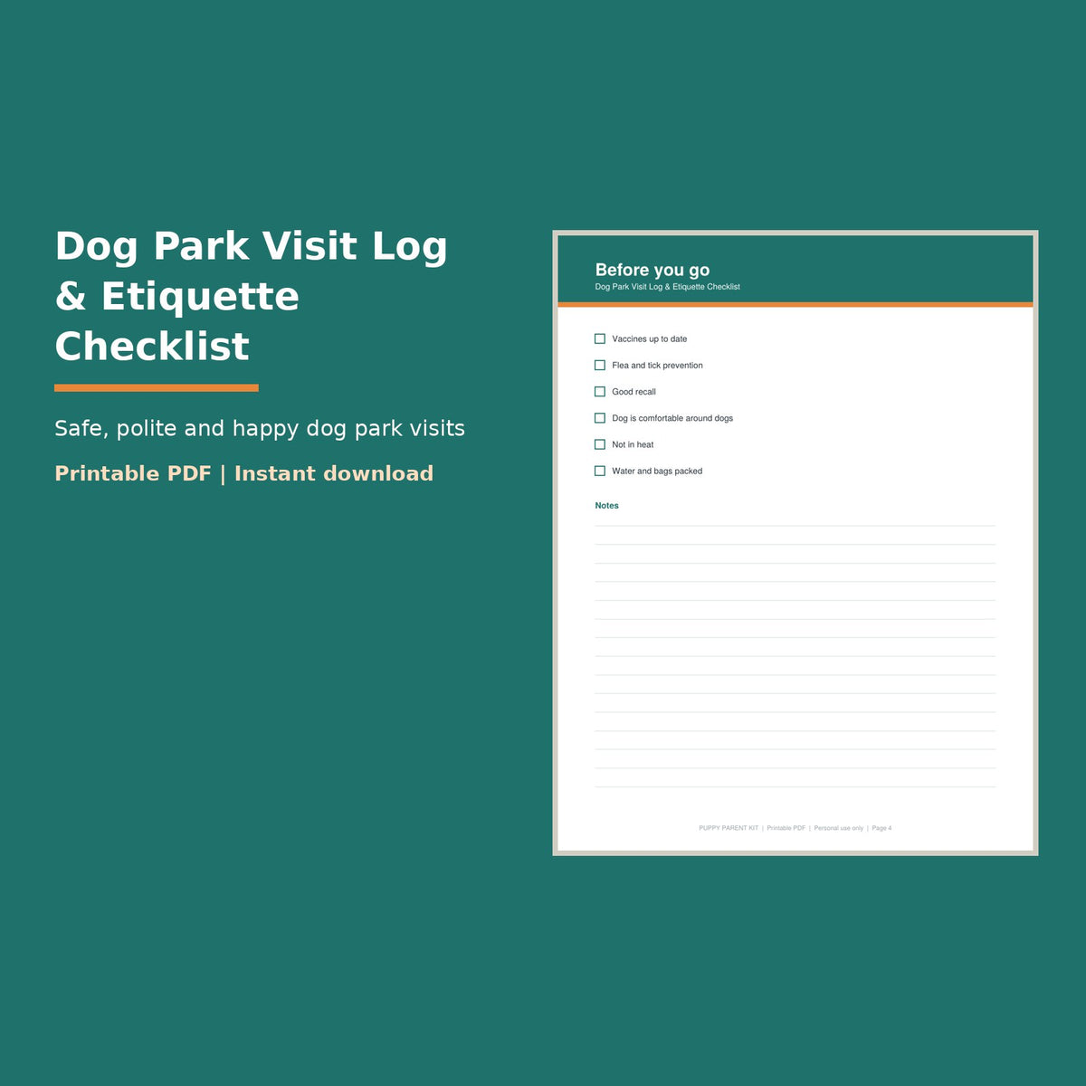 Dog Park Visit Log & Etiquette Checklist printable PDF, image 1