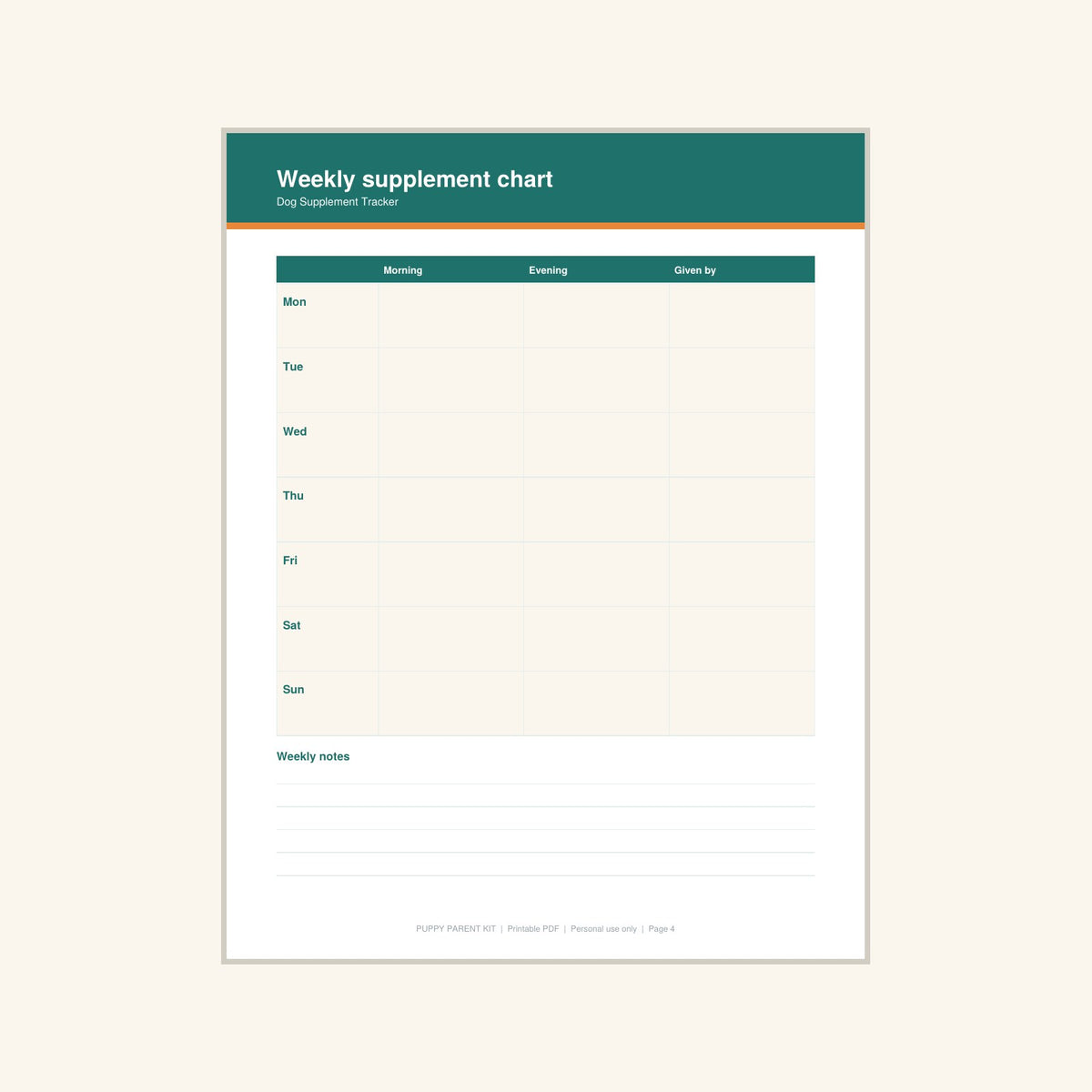 Dog Supplement Tracker printable PDF, image 4