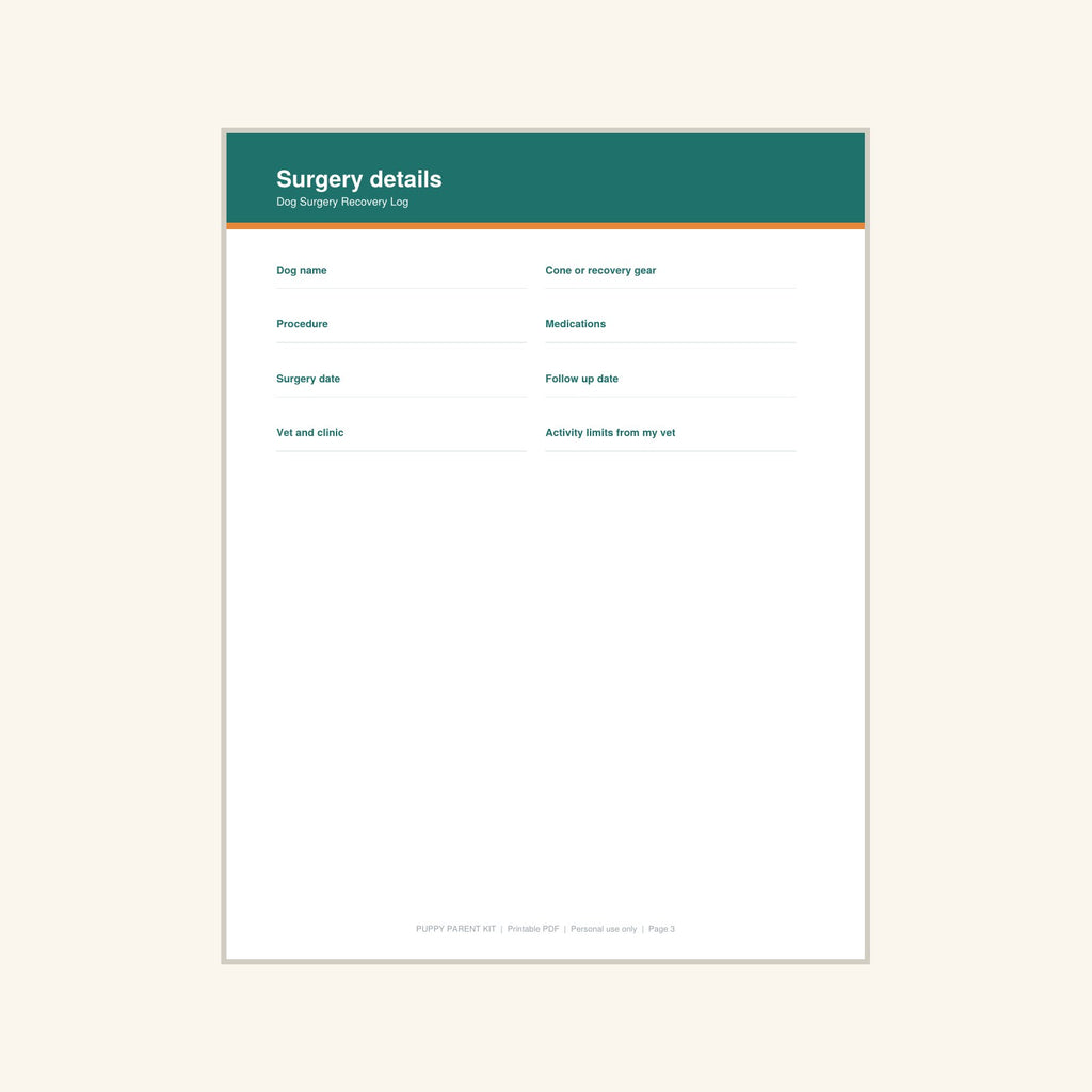 Dog Surgery Recovery Log printable PDF, image 3