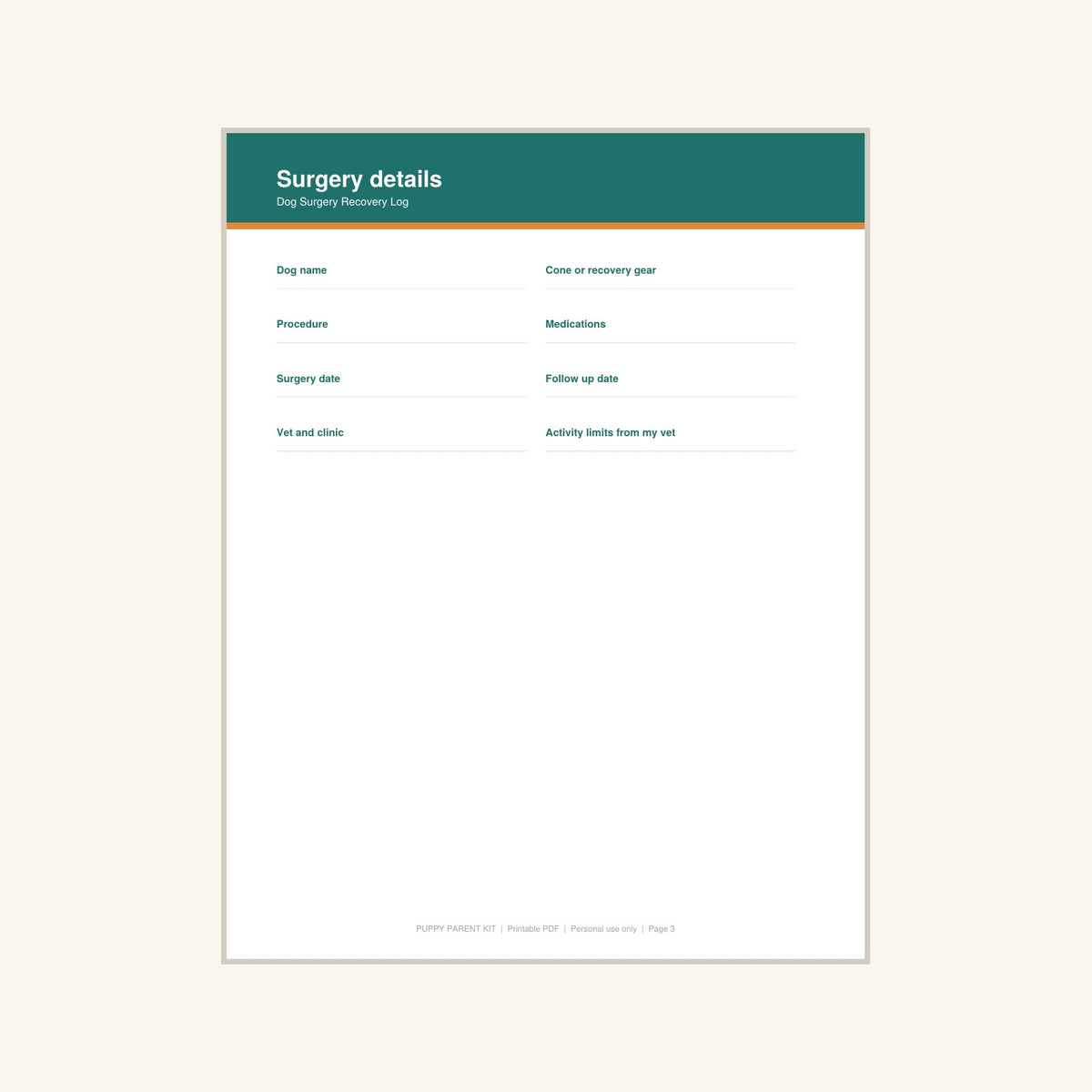 Dog Surgery Recovery Log printable PDF, image 3