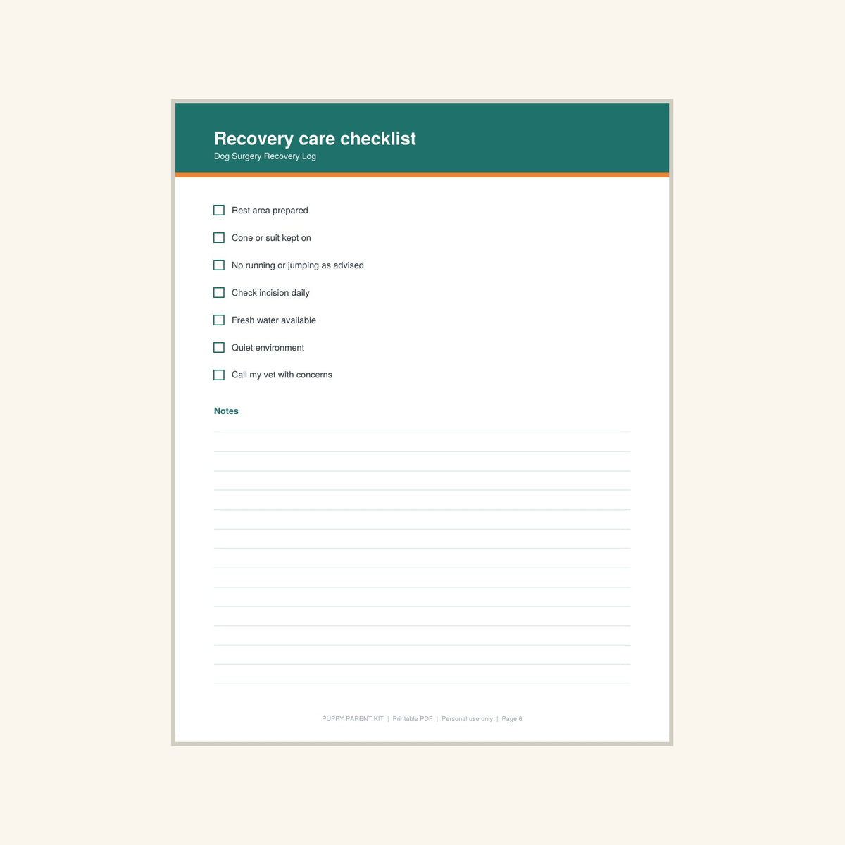 Dog Surgery Recovery Log printable PDF, image 6