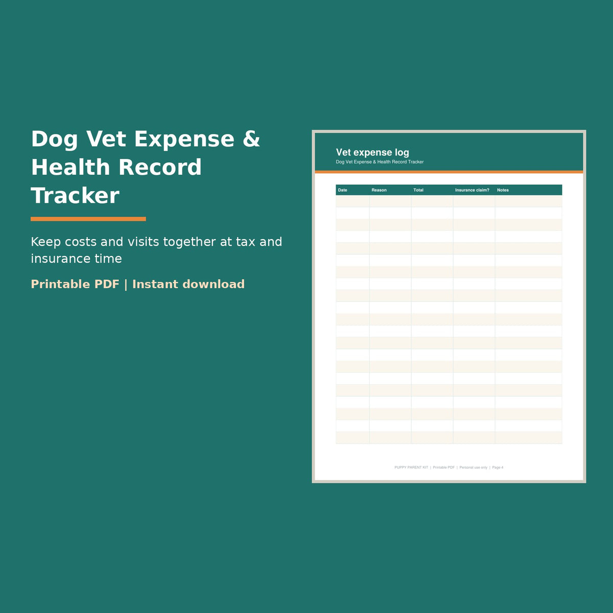 Dog Vet Expense & Health Record Tracker printable PDF, image 1