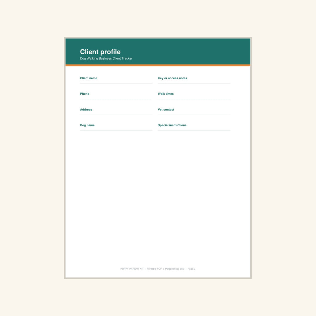Dog Walking Business Client Tracker printable PDF, image 3