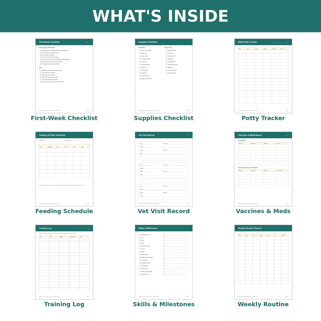 New Puppy Starter Kit Printable | Puppy Checklist, Potty Tracker, Vet Record & Training Log (PDF)