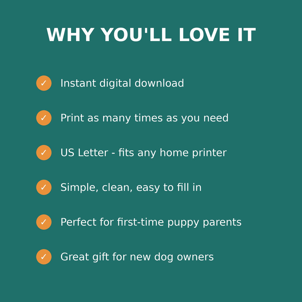 New Puppy Starter Kit Printable | Puppy Checklist, Potty Tracker, Vet Record & Training Log (PDF)