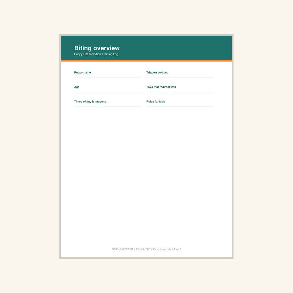 Puppy Bite Inhibition Training Log printable PDF, image 3
