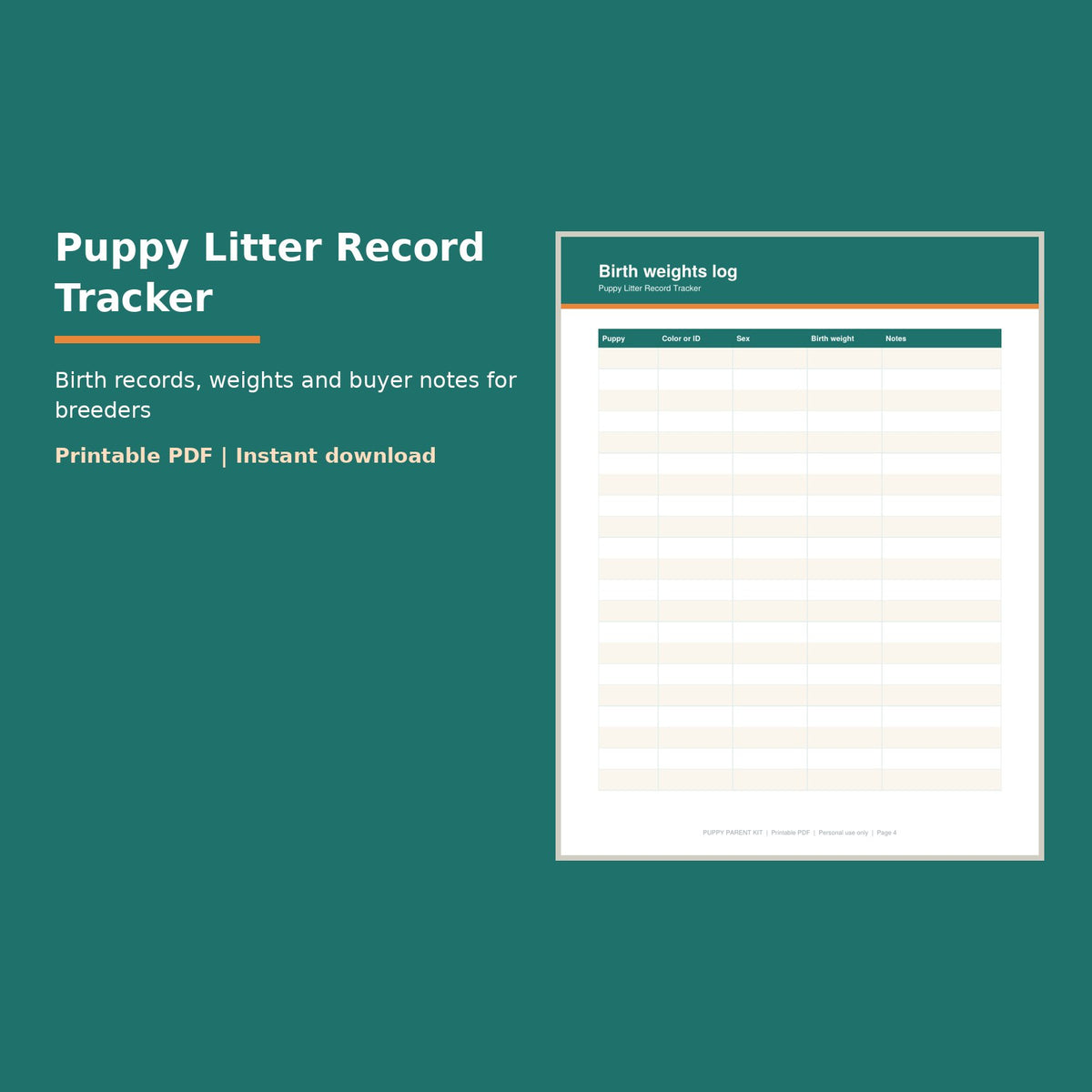 Puppy Litter Record Tracker printable PDF, image 1