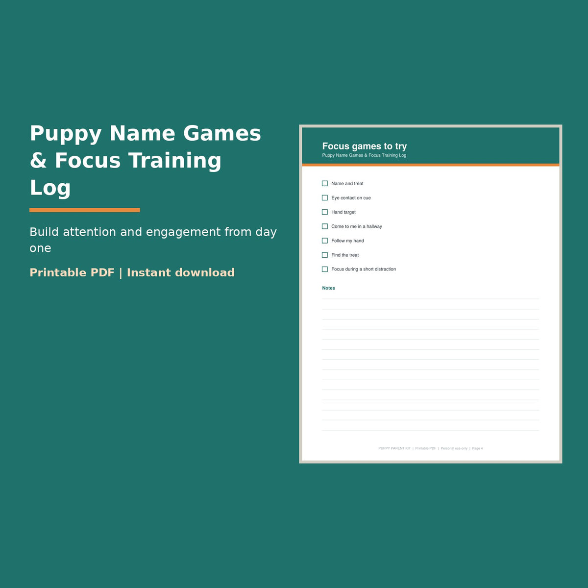 Puppy Name Games & Focus Training Log printable PDF, image 1