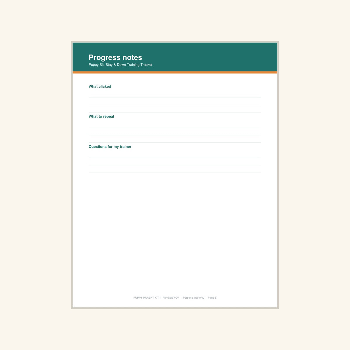 Puppy Sit, Stay & Down Training Tracker printable PDF, image 8