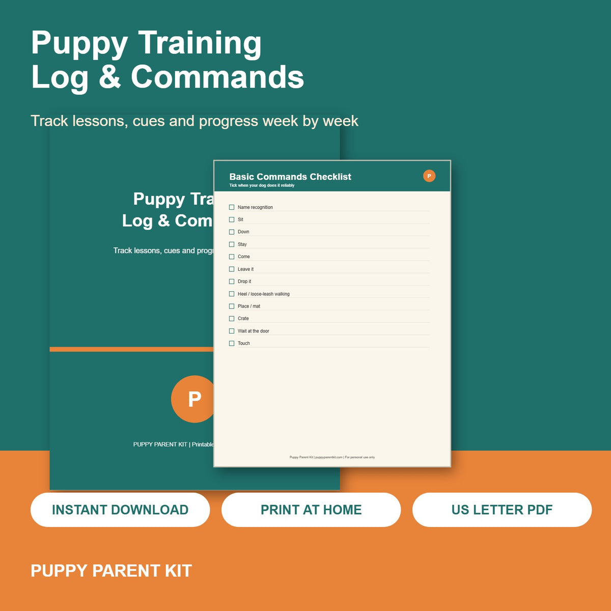 Puppy Training Log & Commands Checklist Printable | Dog Training Planner (PDF)