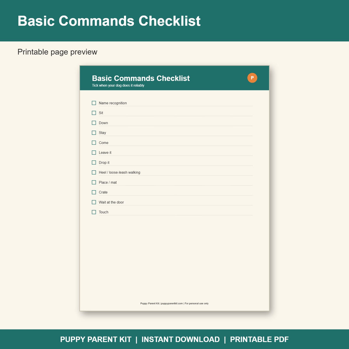 Puppy Training Log & Commands Checklist Printable | Dog Training Planner (PDF)