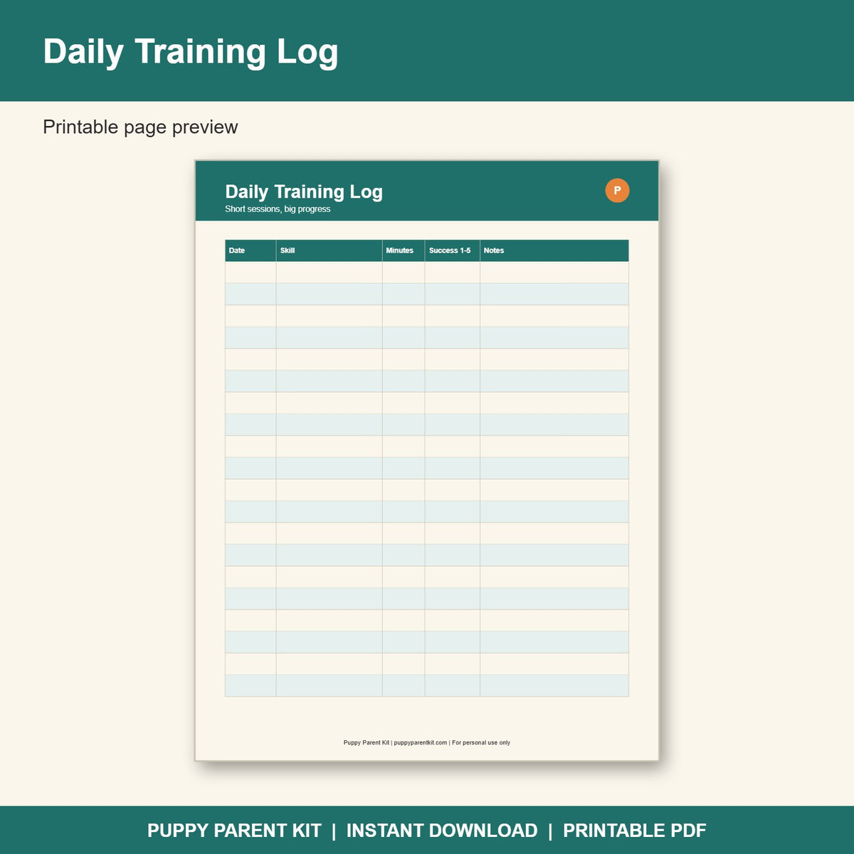 Puppy Training Log & Commands Checklist Printable | Dog Training Planner (PDF)