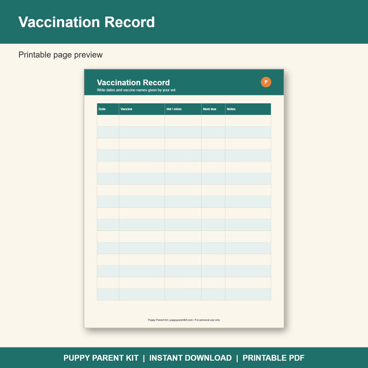 Puppy Vaccination & Vet Record Log Printable | Dog Health Record Book (PDF)