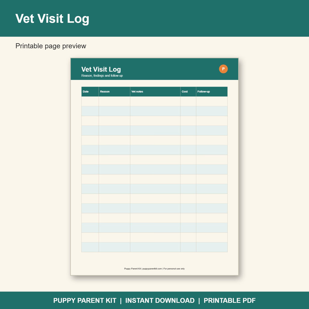Puppy Vaccination & Vet Record Log Printable | Dog Health Record Book (PDF)