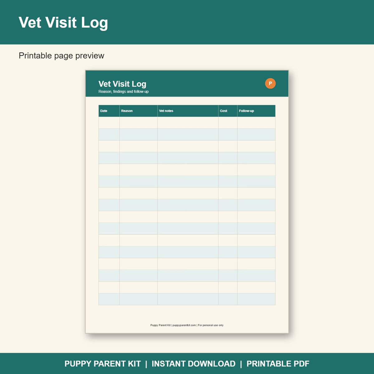 Puppy Vaccination & Vet Record Log Printable | Dog Health Record Book (PDF)