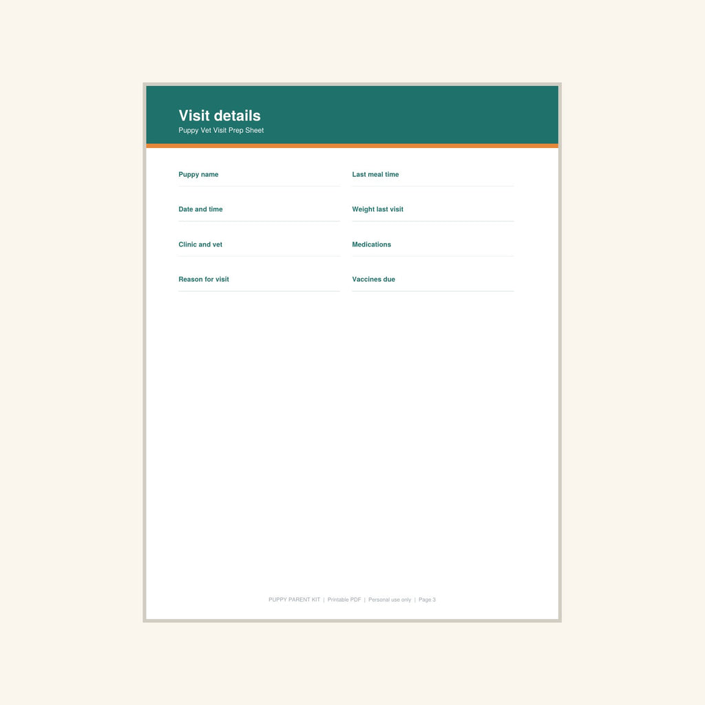 Puppy Vet Visit Prep Sheet printable PDF, image 3