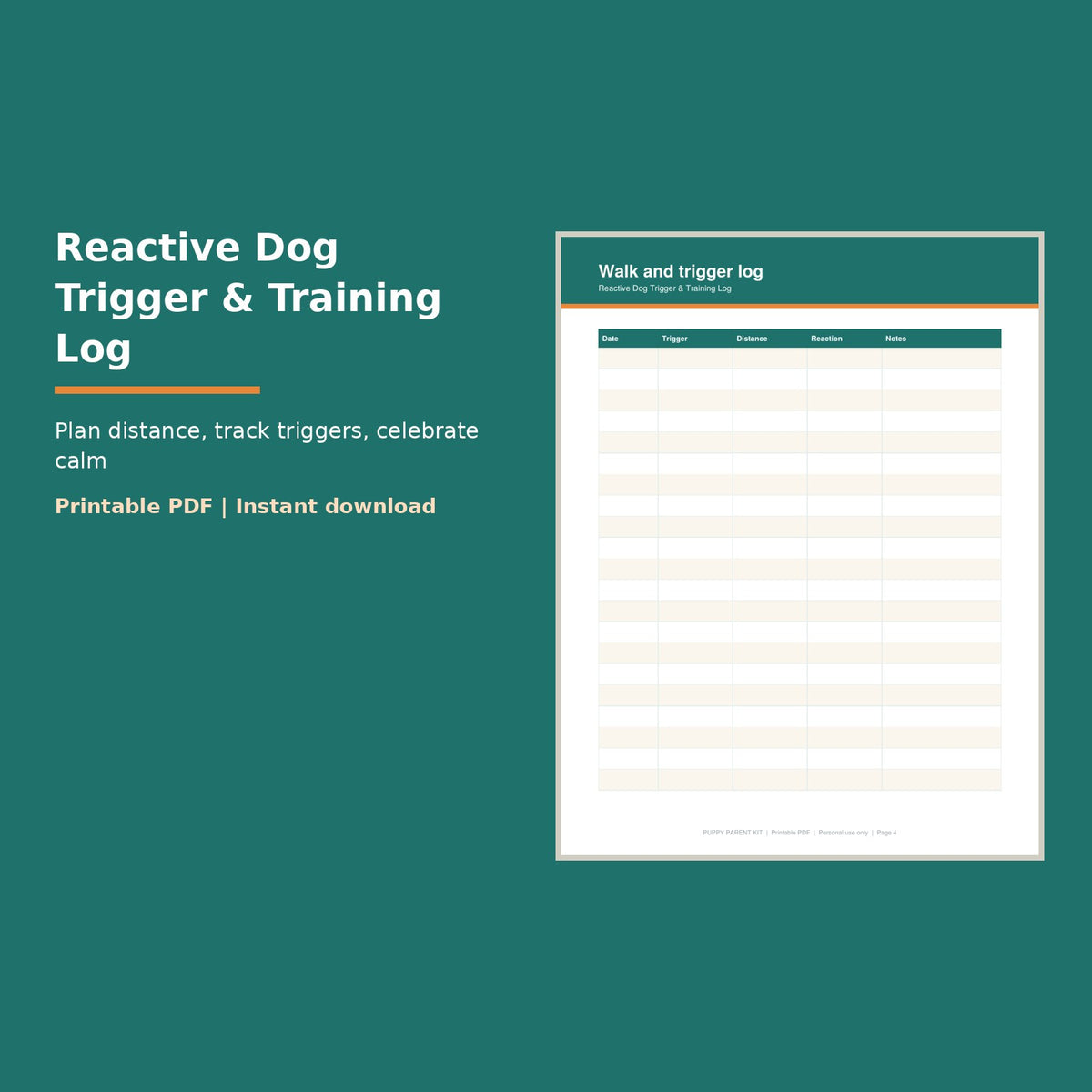 Reactive Dog Trigger & Training Log printable PDF, image 1
